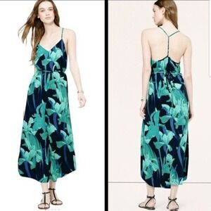 LOFT Racerback Maxi Dress XS Teal Blue Tropical Floral Strappy Braided Boho Cute